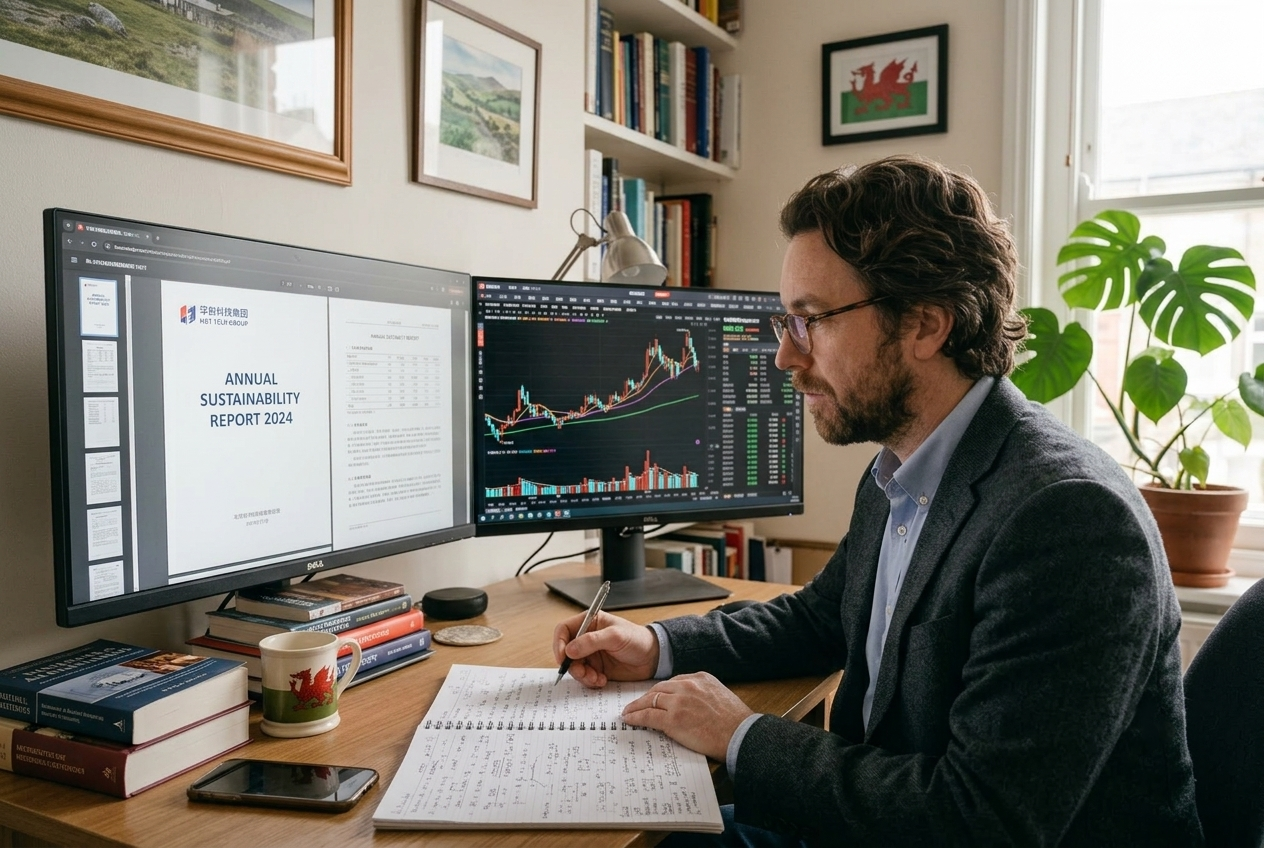 Researcher reviewing company announcements and price charts